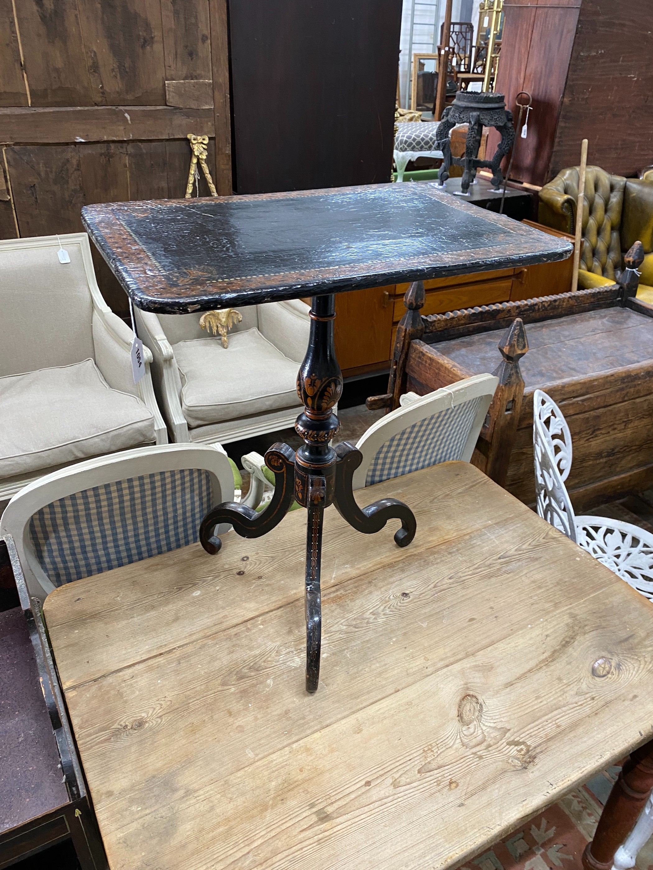 A Regency and later painted rectangular tripod wine table, width 57cm, depth 40cm, height 67cm